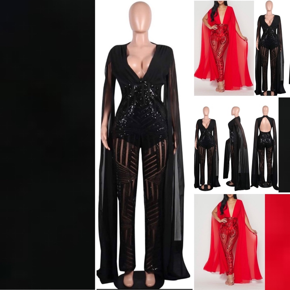 Sequin Jumpsuit With Split Dramatic Sleeves - image 2